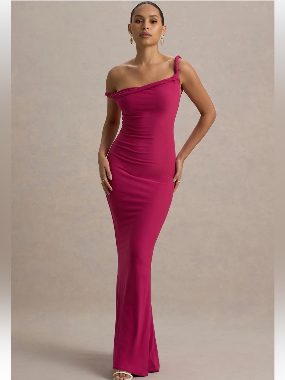 CLUB L LONDON BRAND NEW LITA HOT PINK TWISTED ASYMMETRIC MAXI DRESS